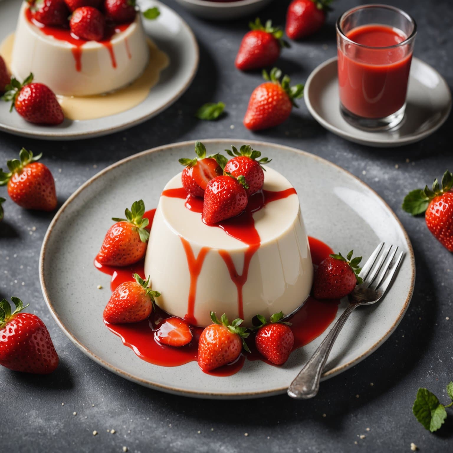 Hvit sjokoladepanna cotta med kokte jordbær