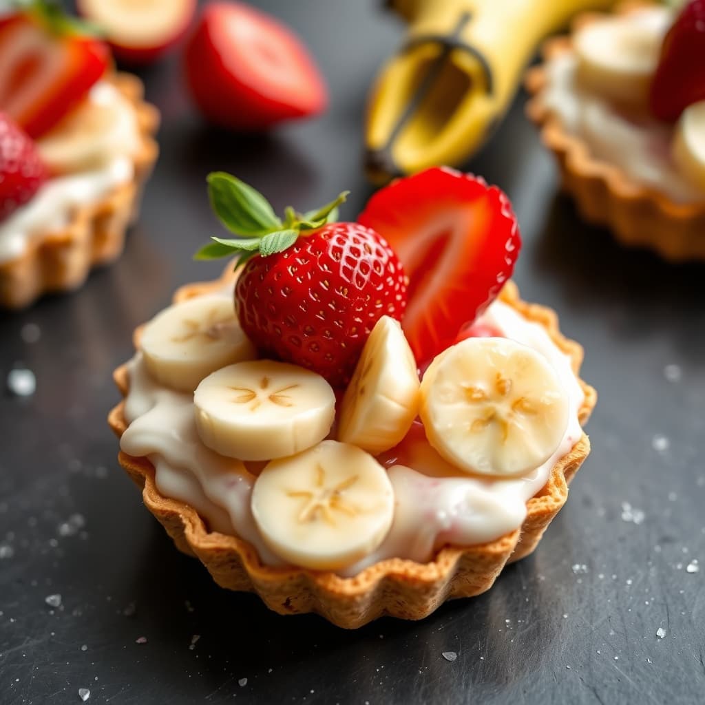Hvit sjokoladetartletter med jordbær og bananer