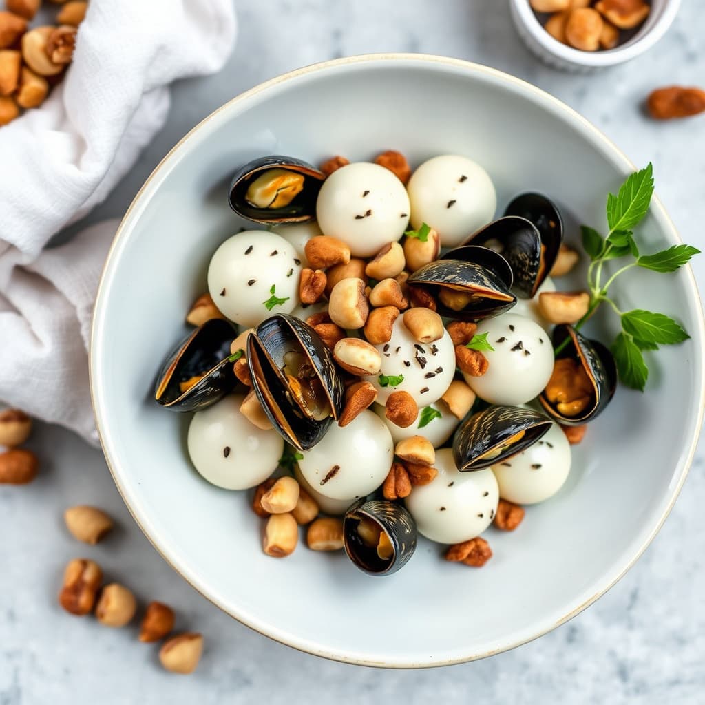 Hvite knapper og crimini med blåskjell og hasselnøtter
