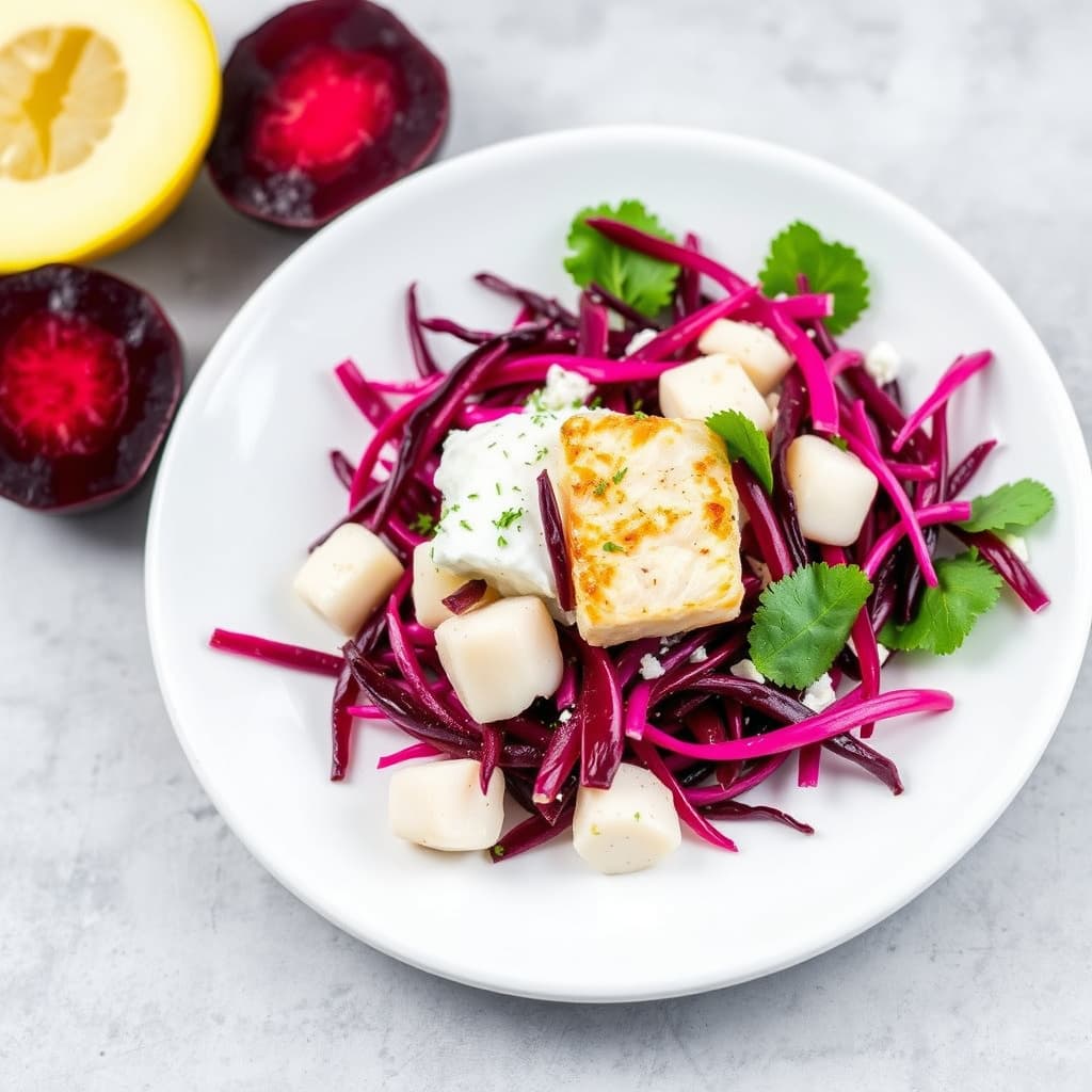 Hvitfiskesalat og ovnsbakt rødbetcoleslaw