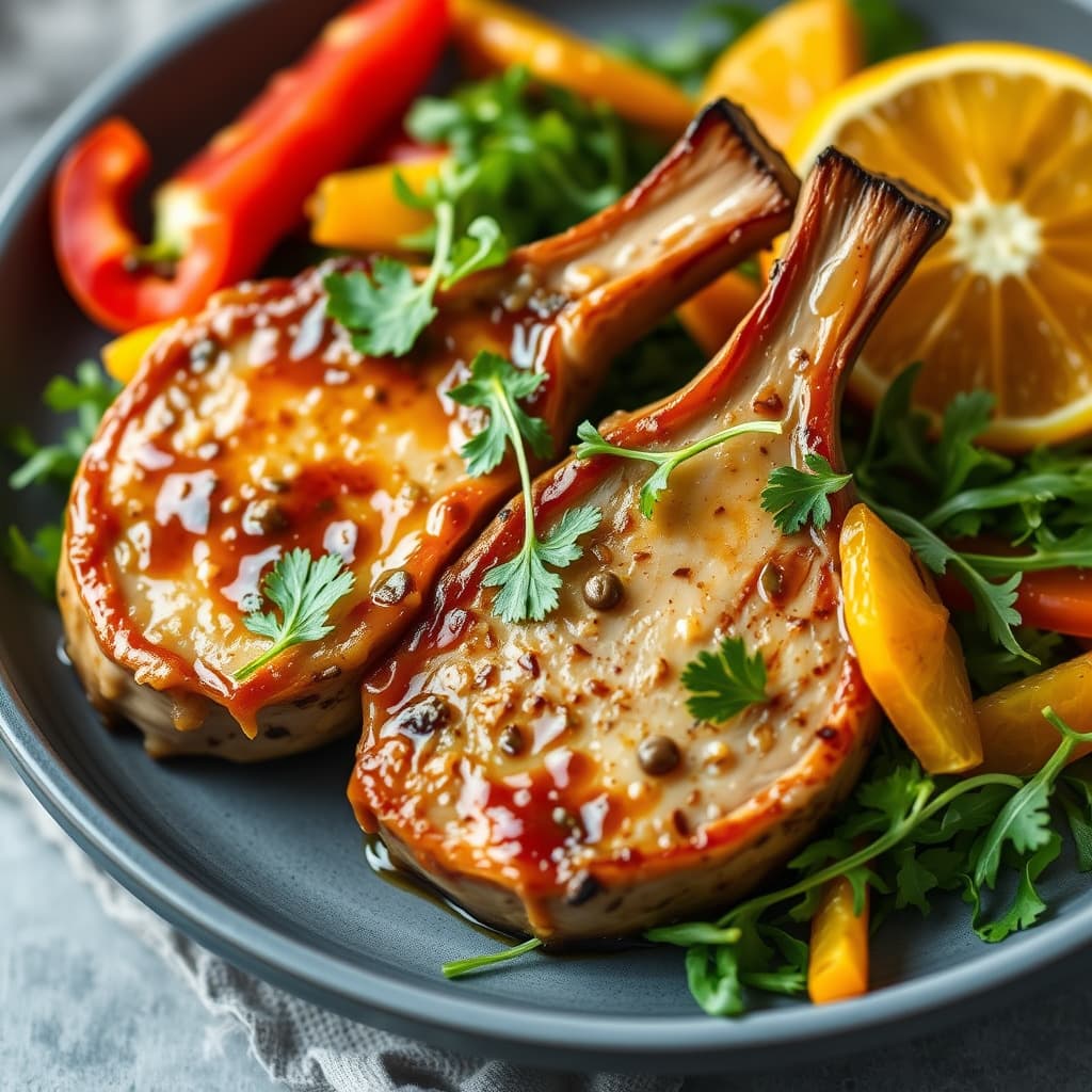 Hvitløk-miso svinekoteletter med appelsinpaprika og ruccola