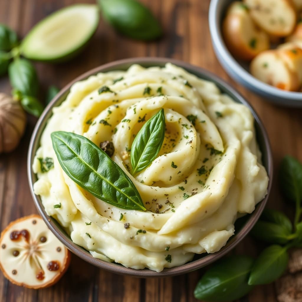 Hvitløk- og basilikummosede poteter