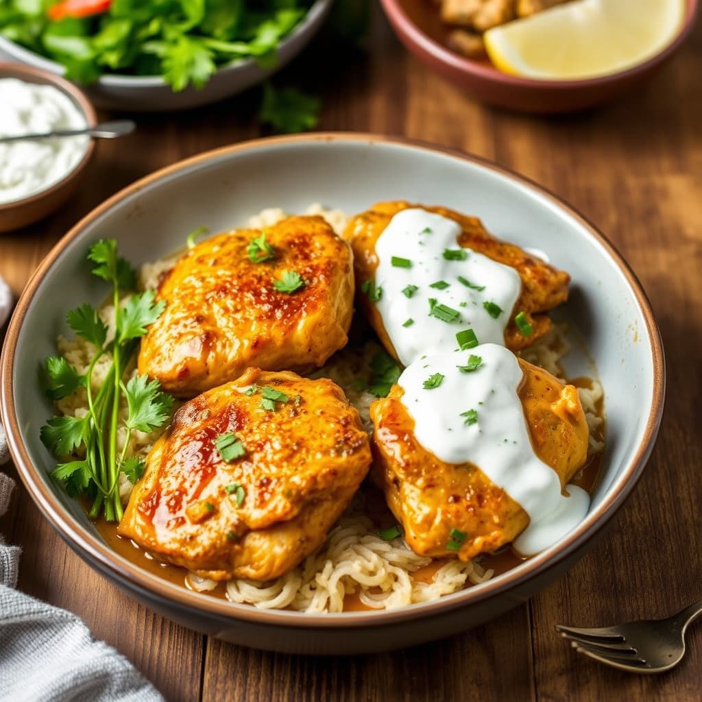 Hvitløk- og karriglasert kyllinglår med yoghurtsaus