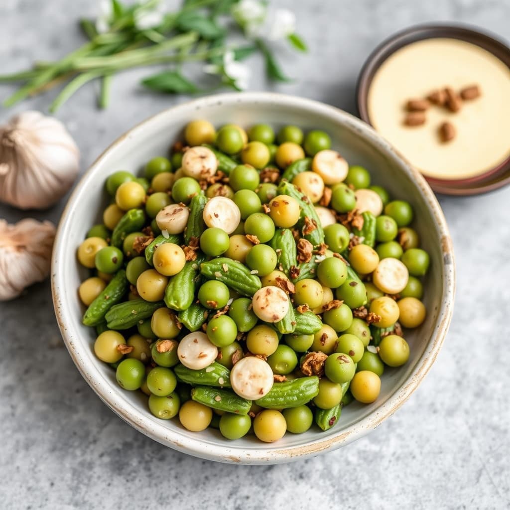 Hvitløk og urtedekorerte tidlige erter og franske bønner
