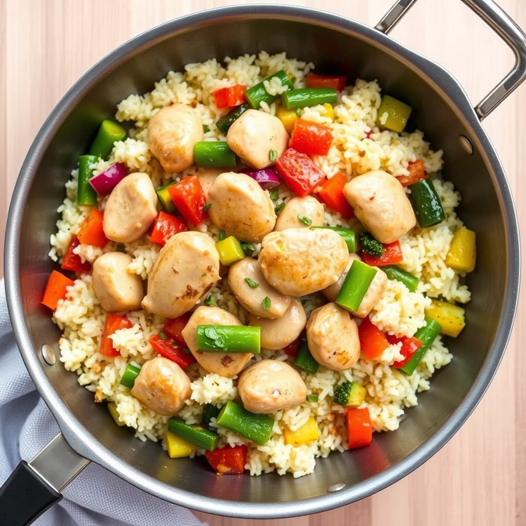 Hvitløkkylling, grønnsaker og risgryte