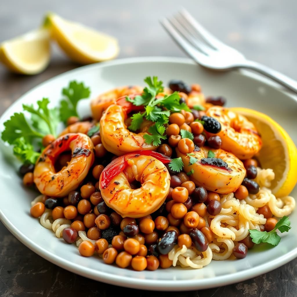 Hvitløksmarinerte reker med svart pepper og svarte øynebønner