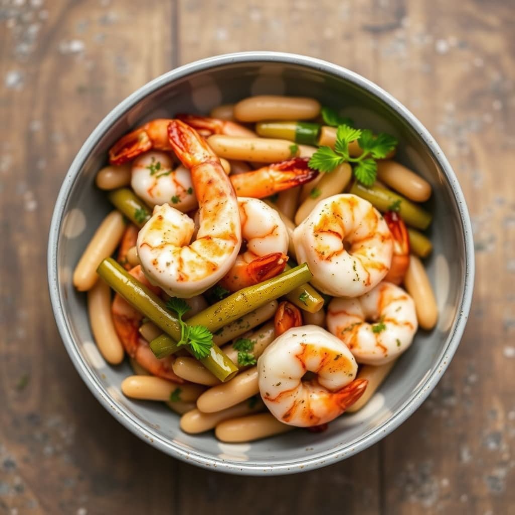 Hvitløksmarinerte reker og cannellini-bønner