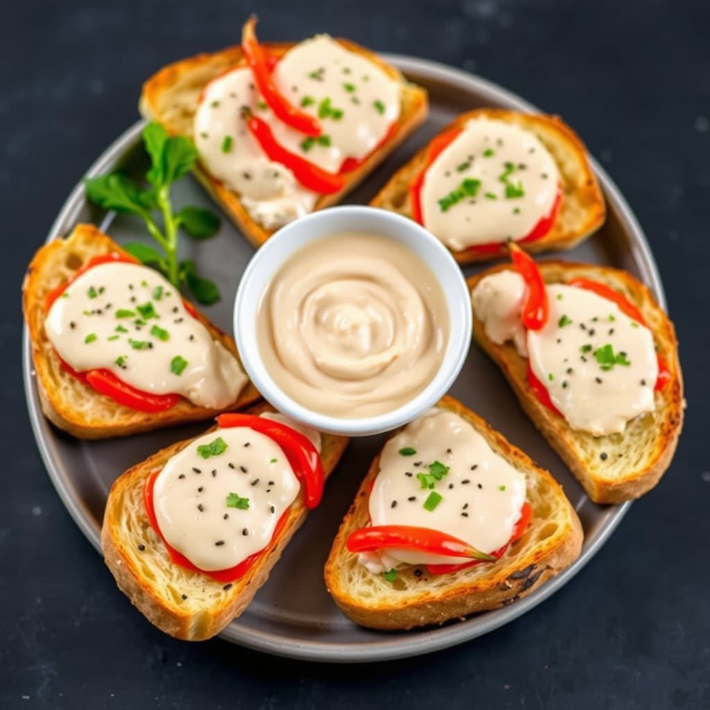 Hvitløksrundstykker med rød peppersaus