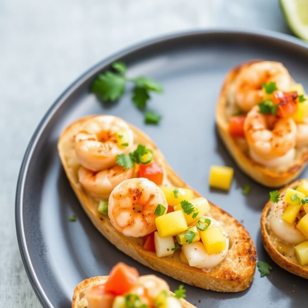 Hvitløksshrimp og mangosalsa crostini