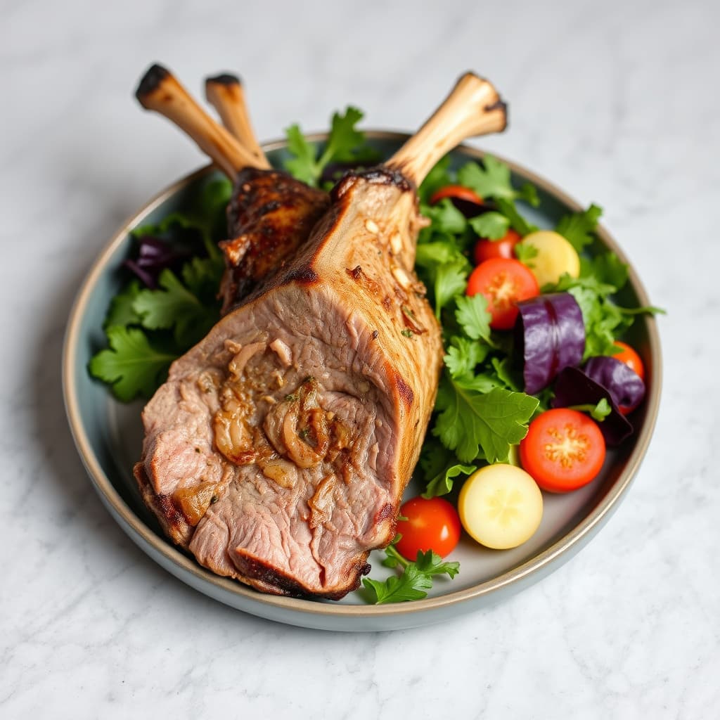 Hvitløksstekt lammelår med salat av blandede grønnsaker