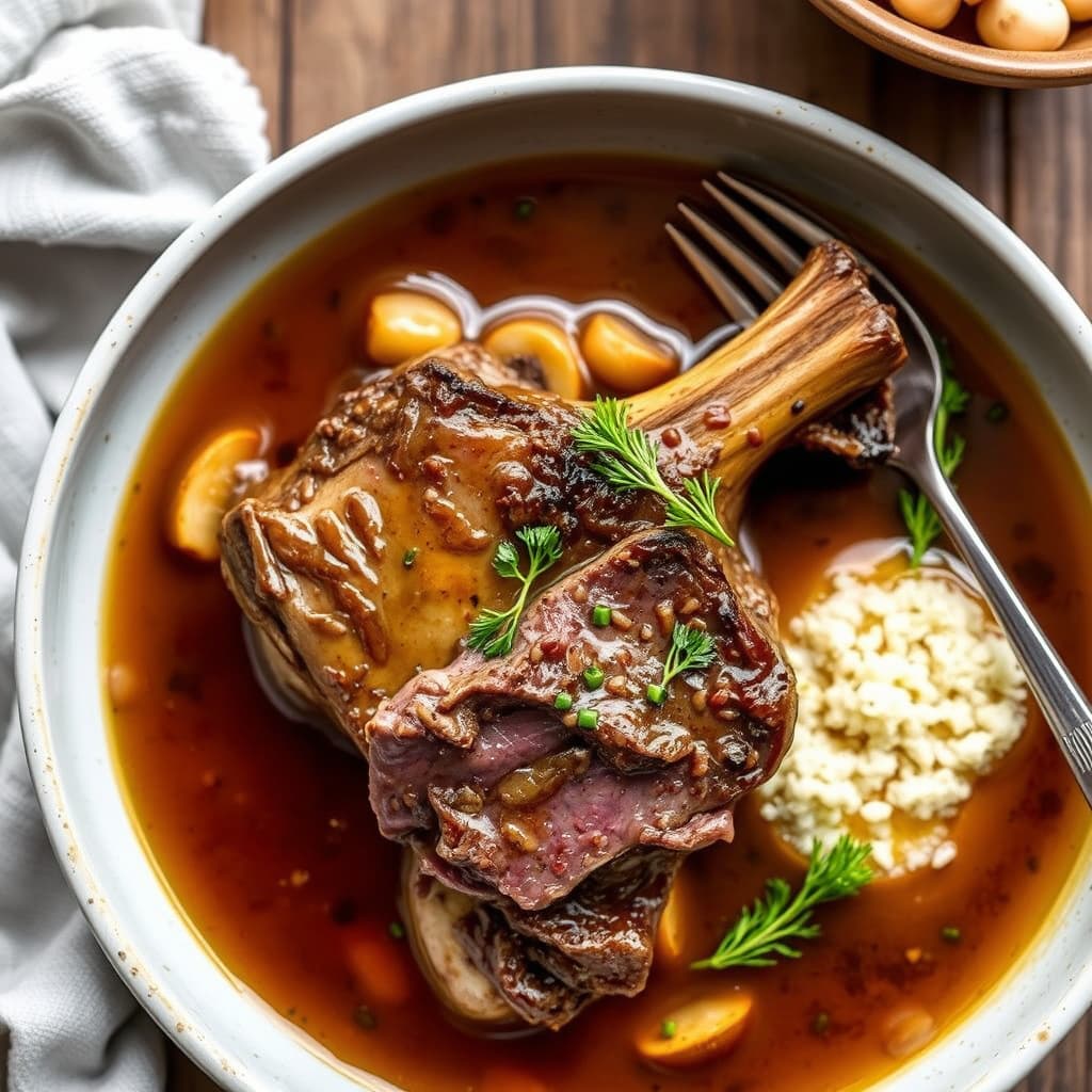 Hvitløkstekt lammekne med ovnsbakte sopp og sesambuljong