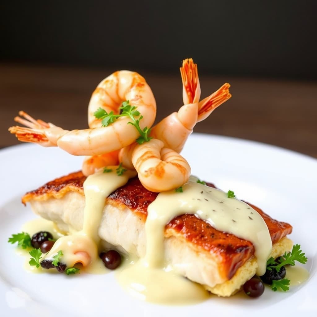 Idaho-regnbueørret og reke Napoleon med sitron- og sjalottløk- beurre blanc-saus