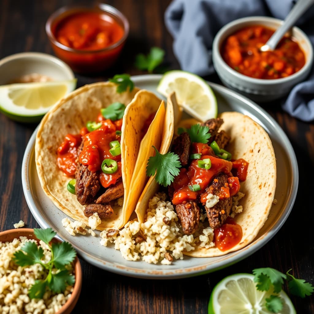 Indiske krydrede tri-tip-tacos med karvebasmatiris og syrlig tomatsaus