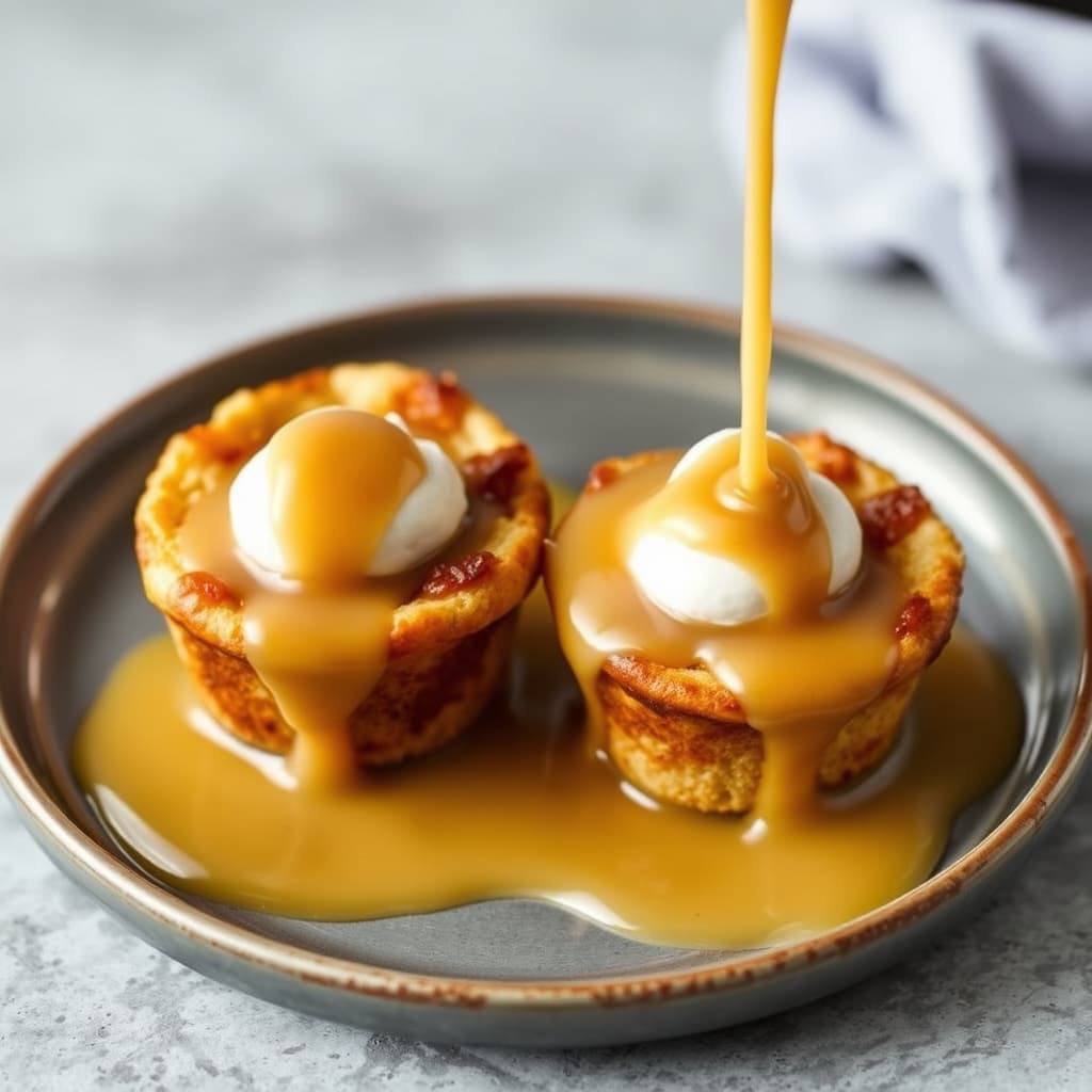 Individuelle brødpuddinger med banansaus