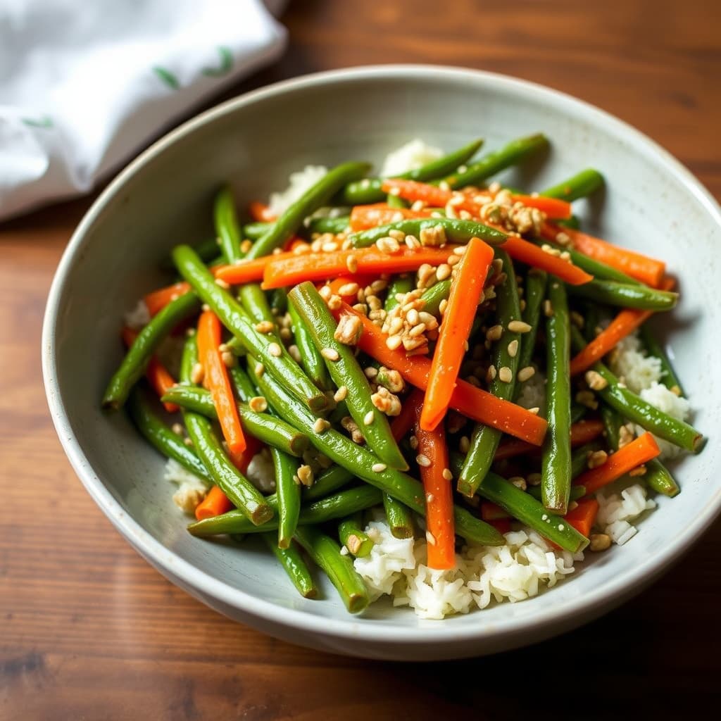 Ingefær, gulrot og sesamgrønne bønner