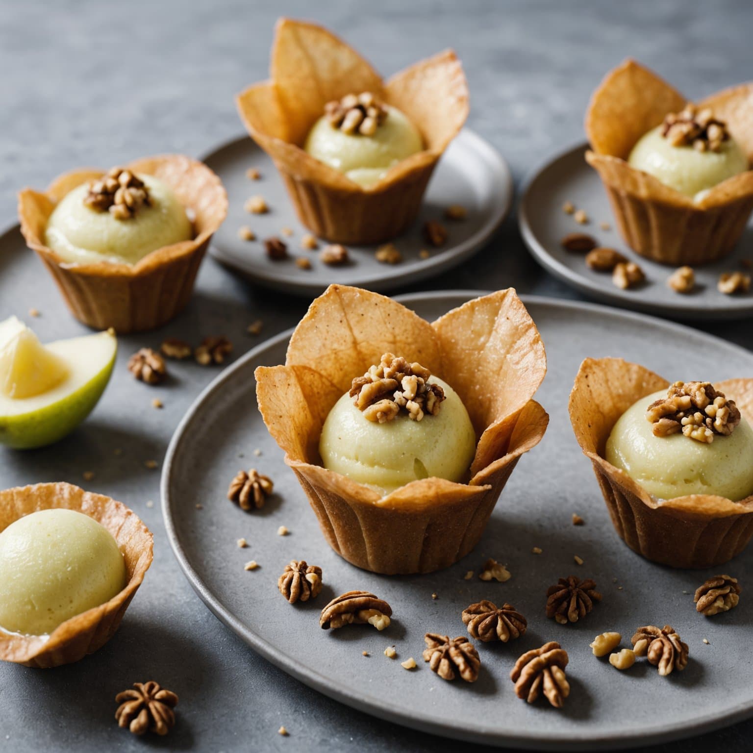 Ingefær- og pæresorbet i krydrede brune smør- og valnøtttuile-kopper