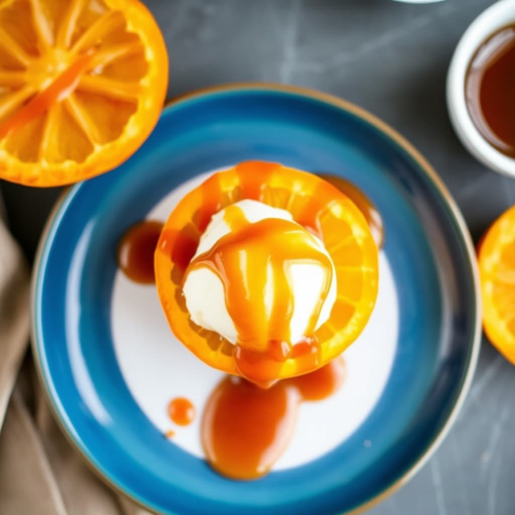 Iskremfylte appelsiner med karamellsaus