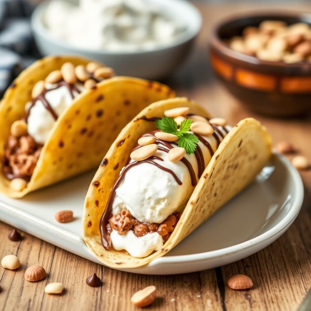 Iskremtacos med sjokolade og peanøtter