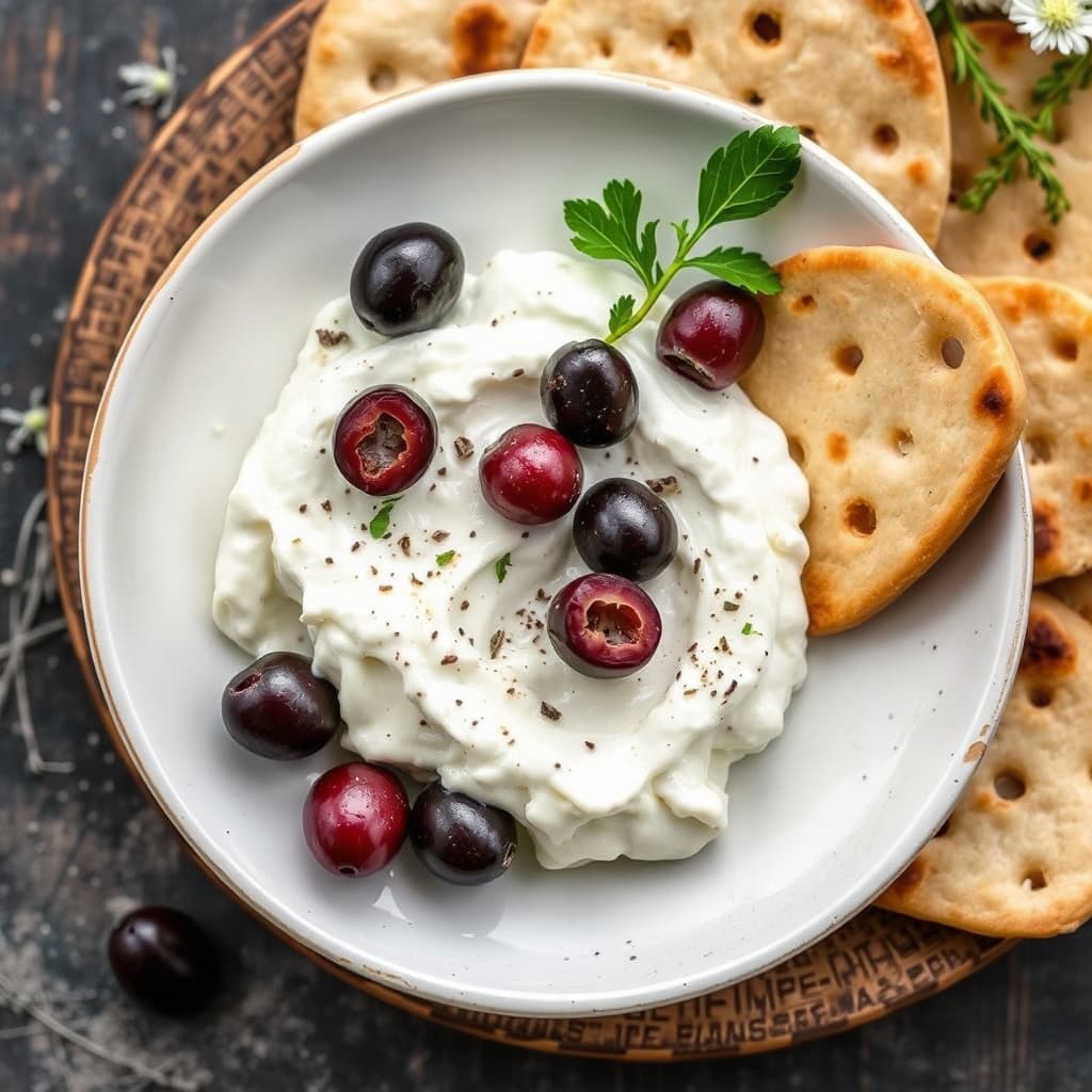 Israelsk yoghurt "ost" med pita og oliven