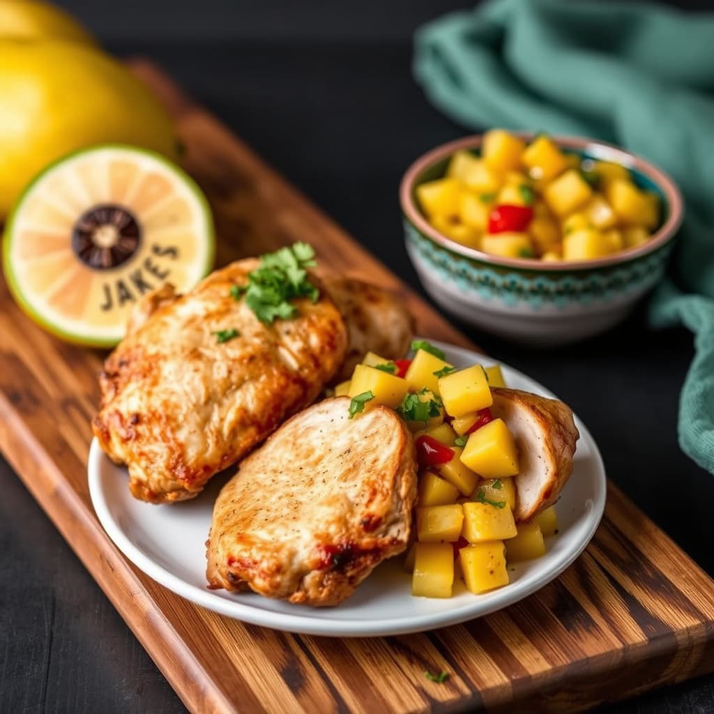 Jakes Keawe-røkte kyllinghalvdel servert med Jakes røkte ananas-mango salsa