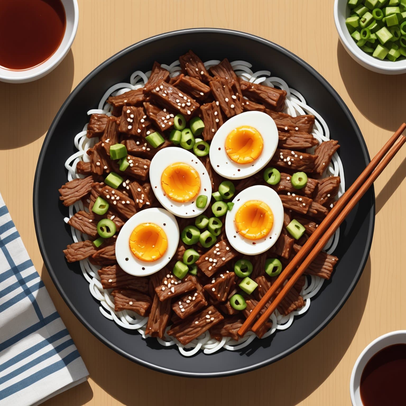 Jang Jorim med hardkokte egg (koreanske soyabearbeidede biffstrimler)