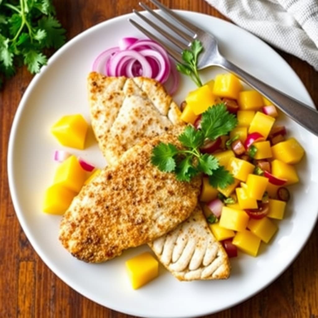 Jerk-sverdfisk servert med mangofiletter, ananas og rød løksalsa