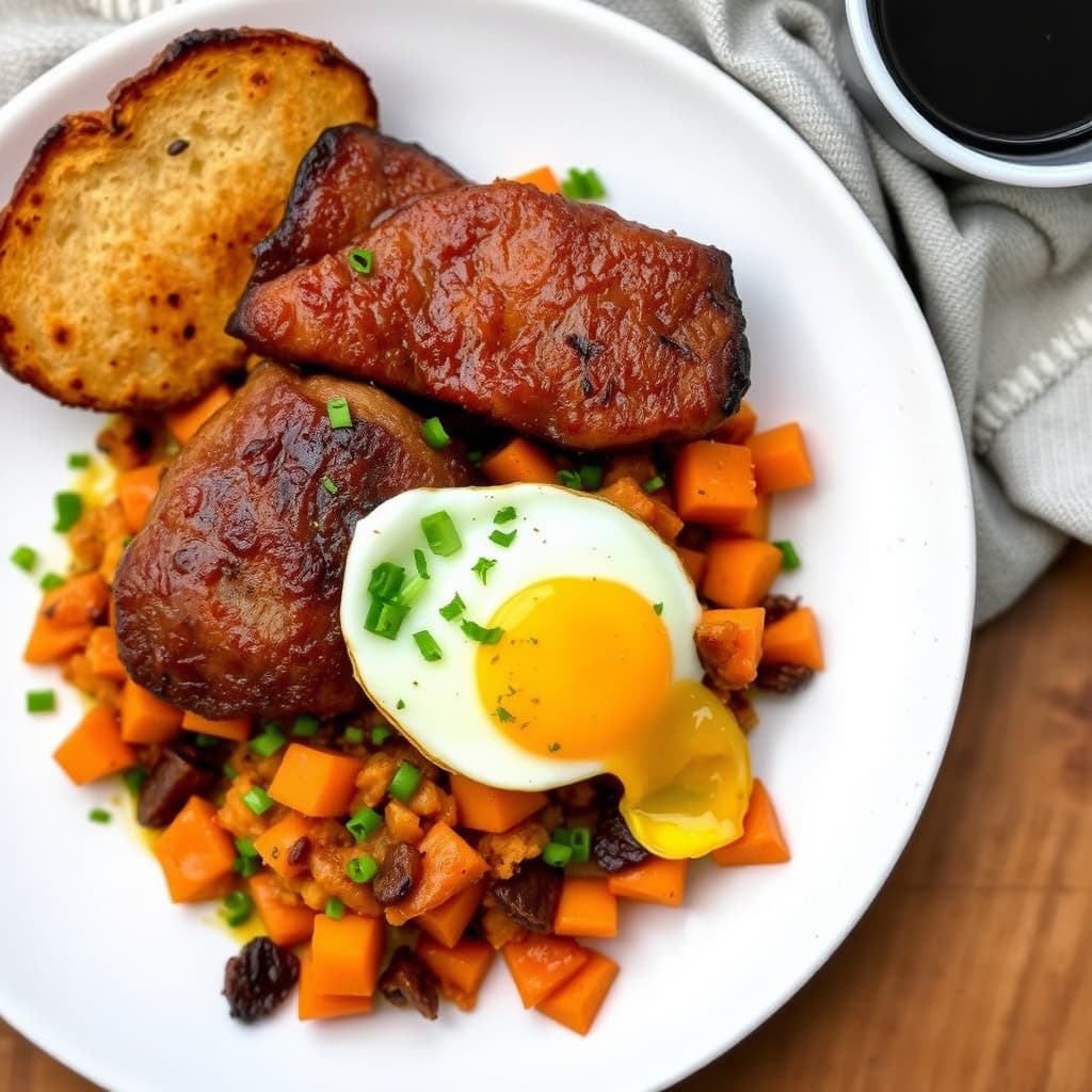 Jerk svinebryst og søtpotet-hash med speilegg