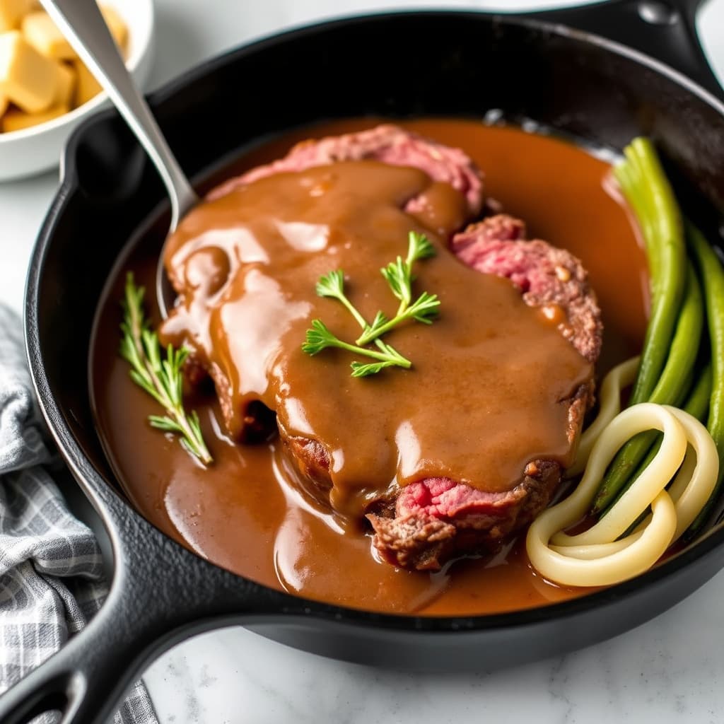 Jernpanne med prime rib-steik og saus