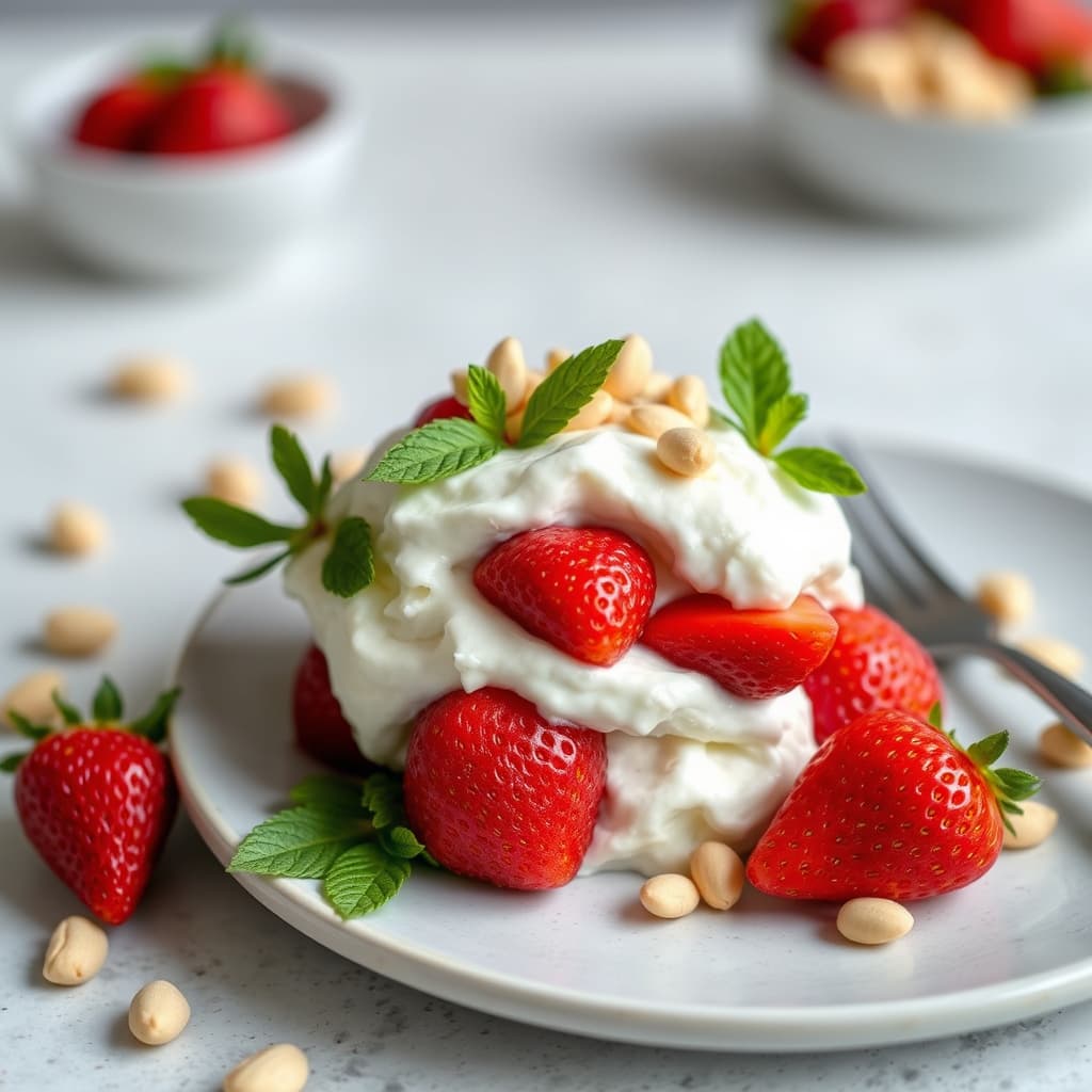 Jordbær og krem med macadamianøtter