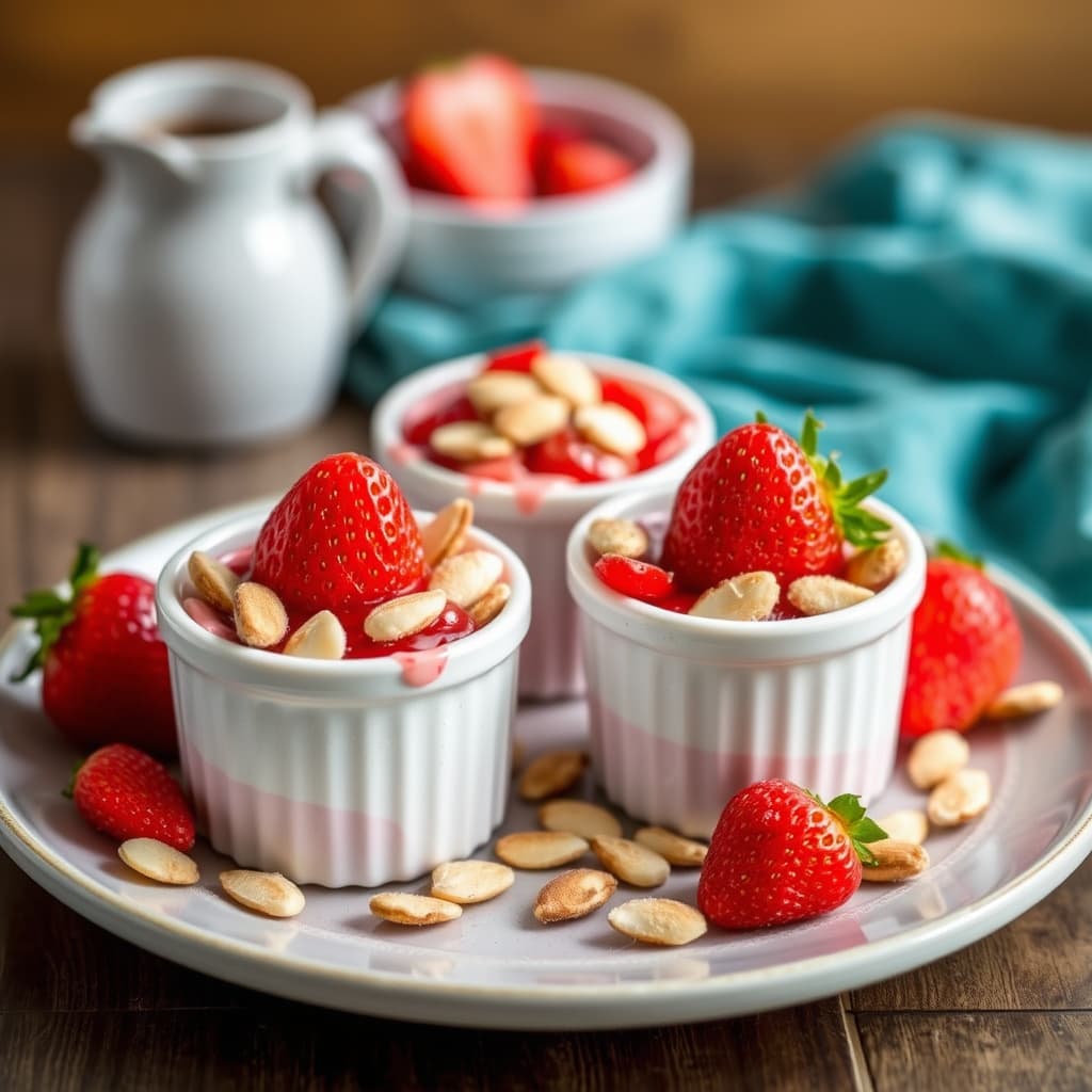 Jordbær- og rabarbrakompotter med sukkerbelagte mandler