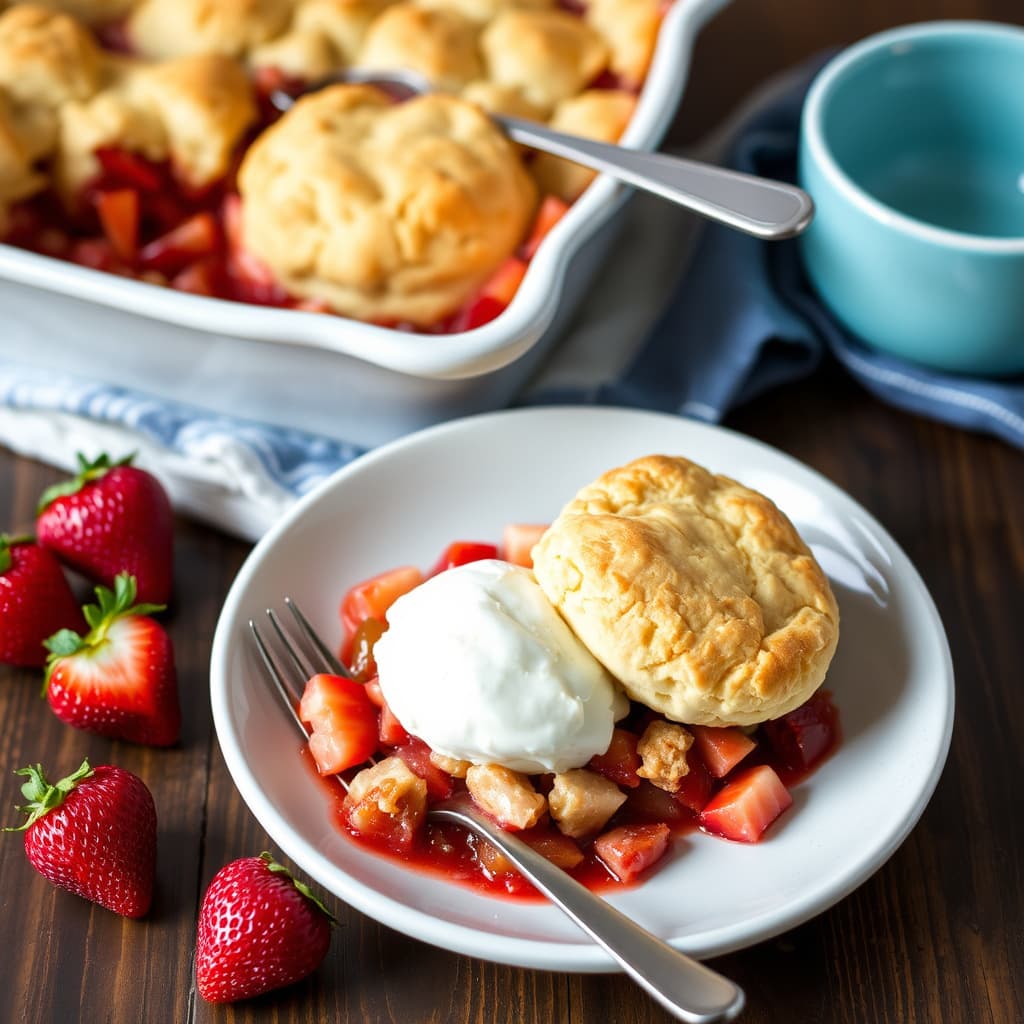 Jordbær-rabarbrakake med ingefærsmakende kjeksdeigtopper