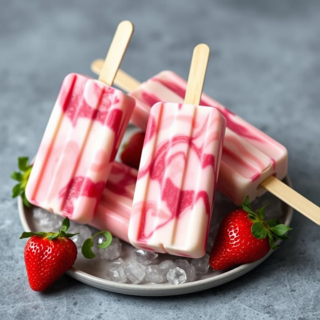Jordbær-vanilje-swirlede frosne ispinner