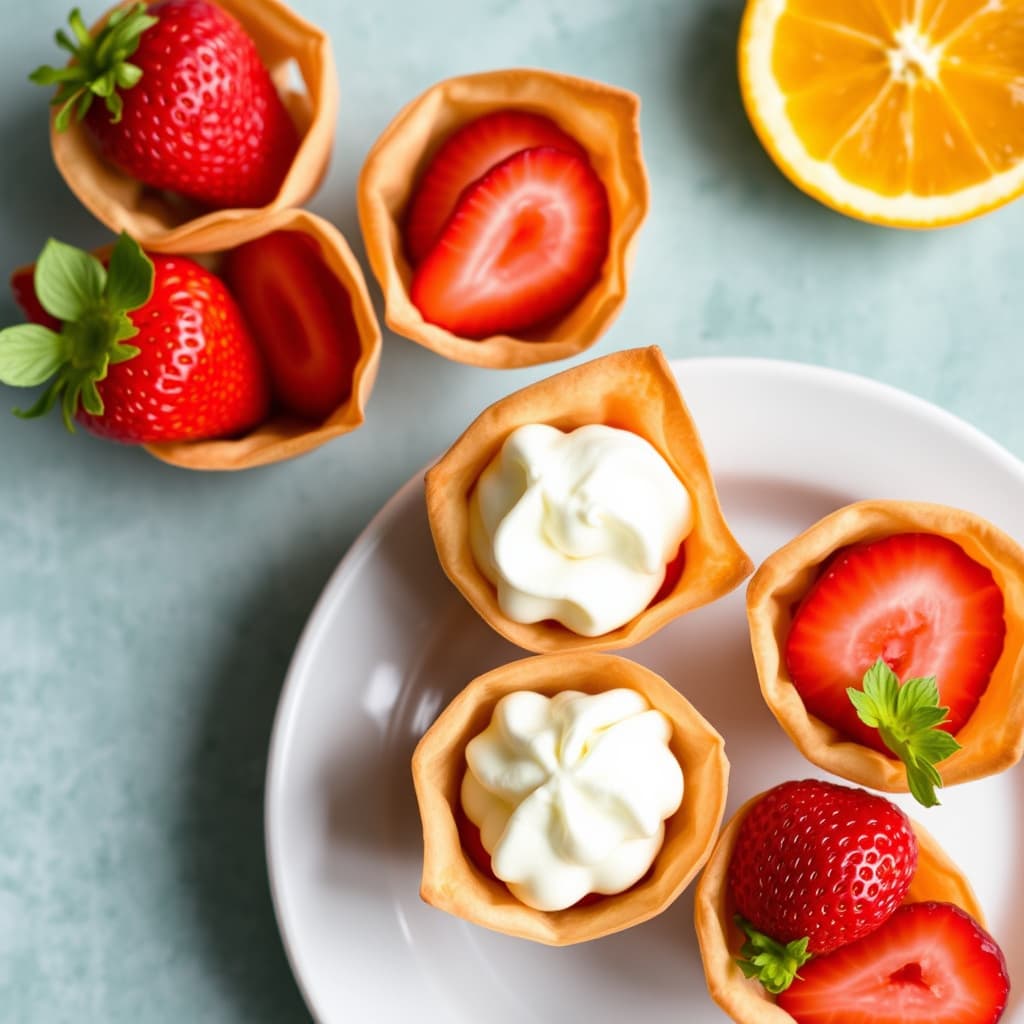 Jordbærwonton-kopper med appelsin-mascarpone-fløtekrem