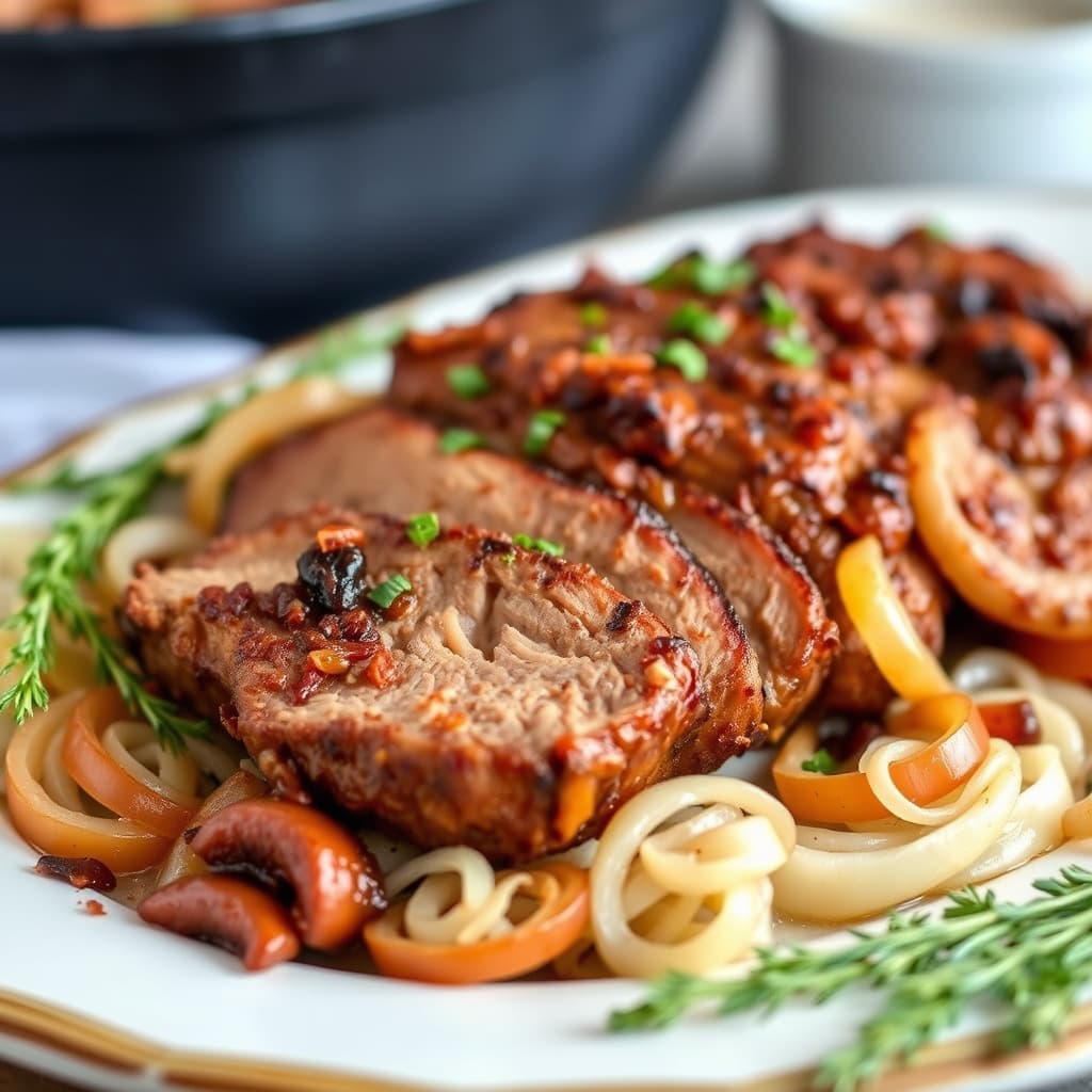 Kakao og krydder langsomt stekt svinekjøtt med løk