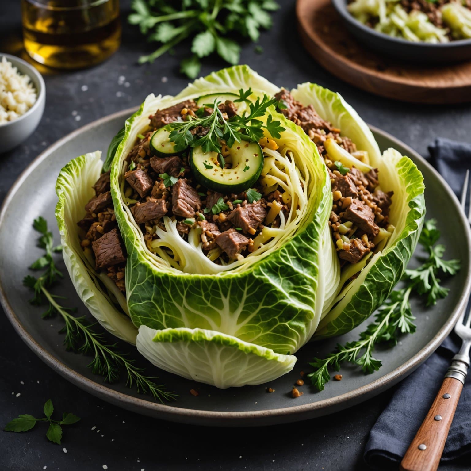 Kål fylt med storfekjøtt, squash og urter