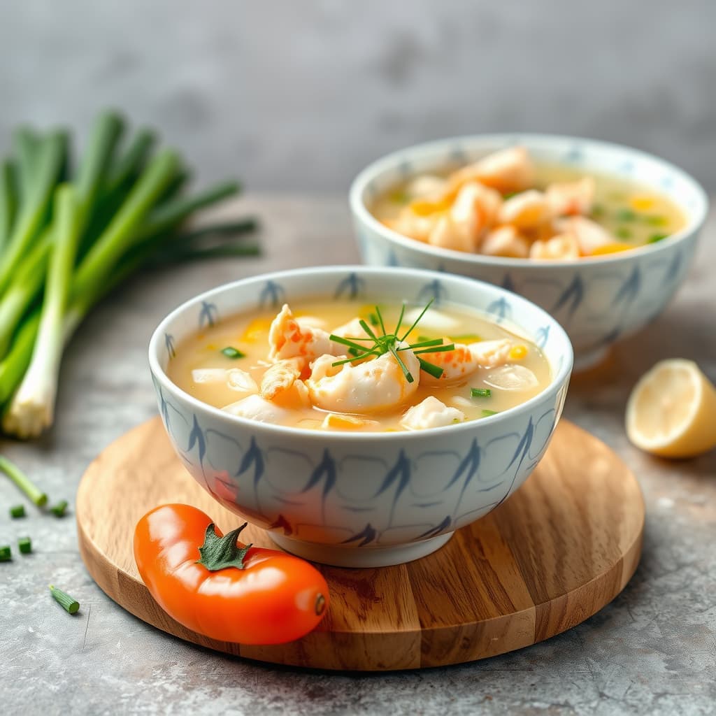 Kald agurksuppe og gul paprika-suppe med krabbekjøtt og gressløk