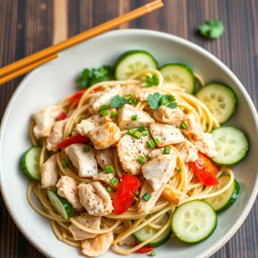 Kald asiatisk nudelsalat med kylling og agurk