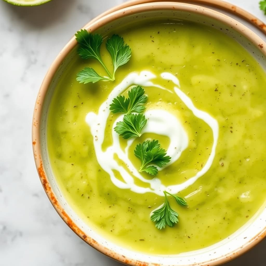 Kald chayotesuppe med koriandertremel og frisk crema