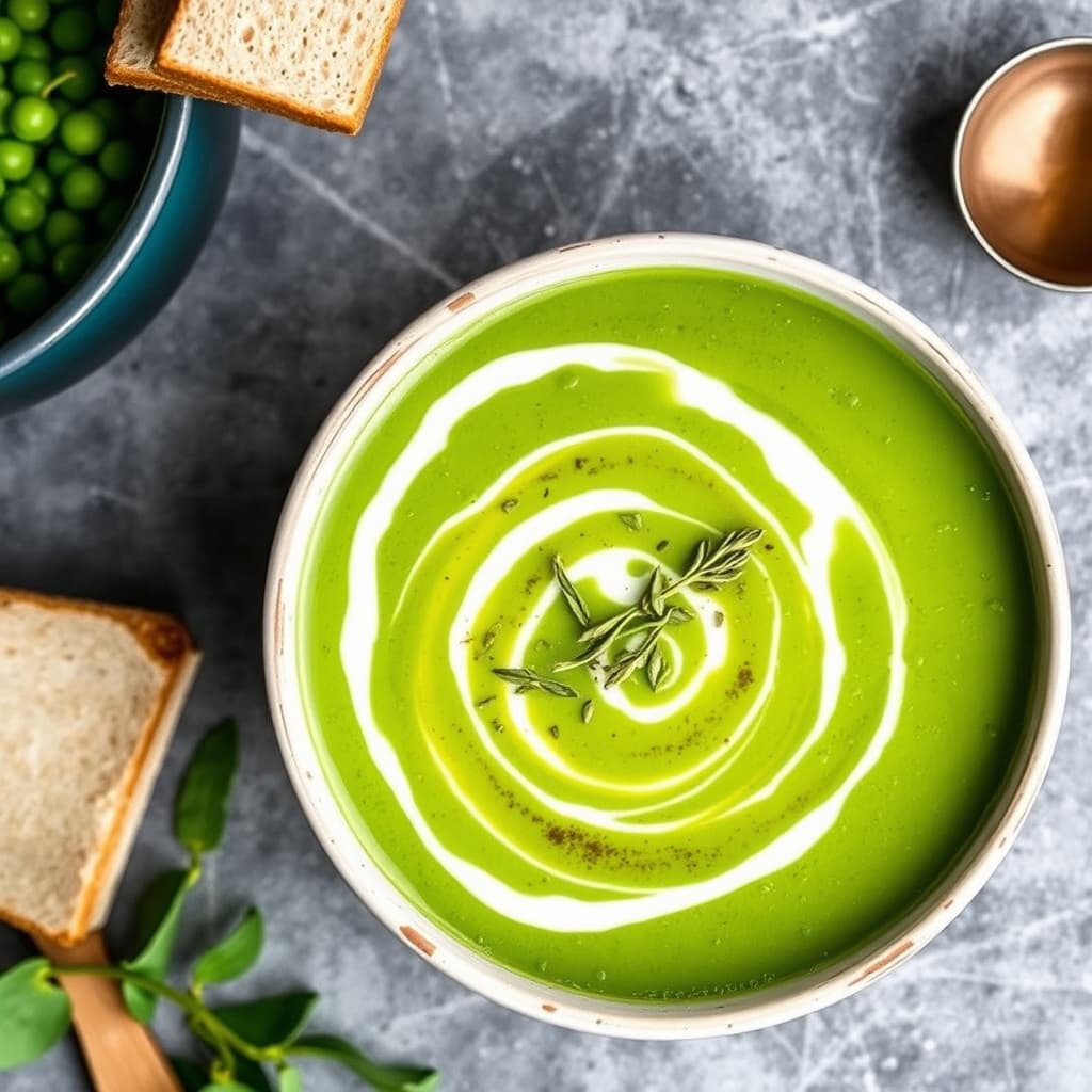 Kald ertersuppe med urtedråpe i oljen