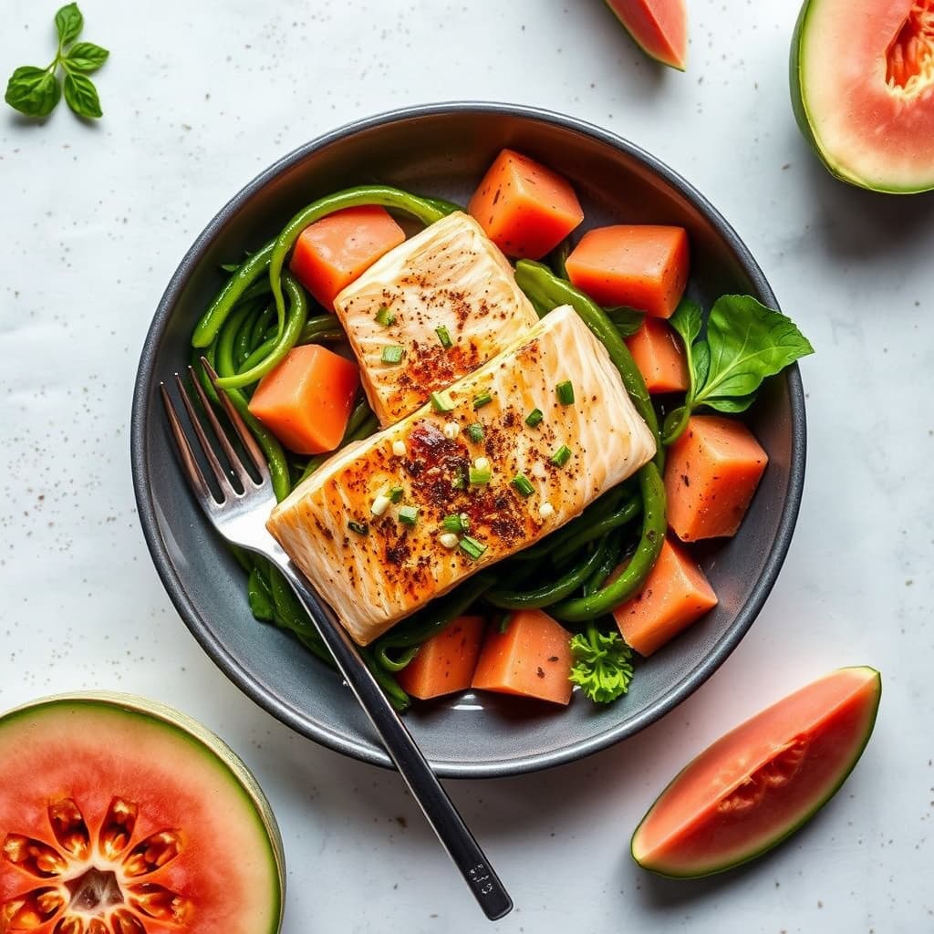 Kald laks med hvit miso og sommermeloner