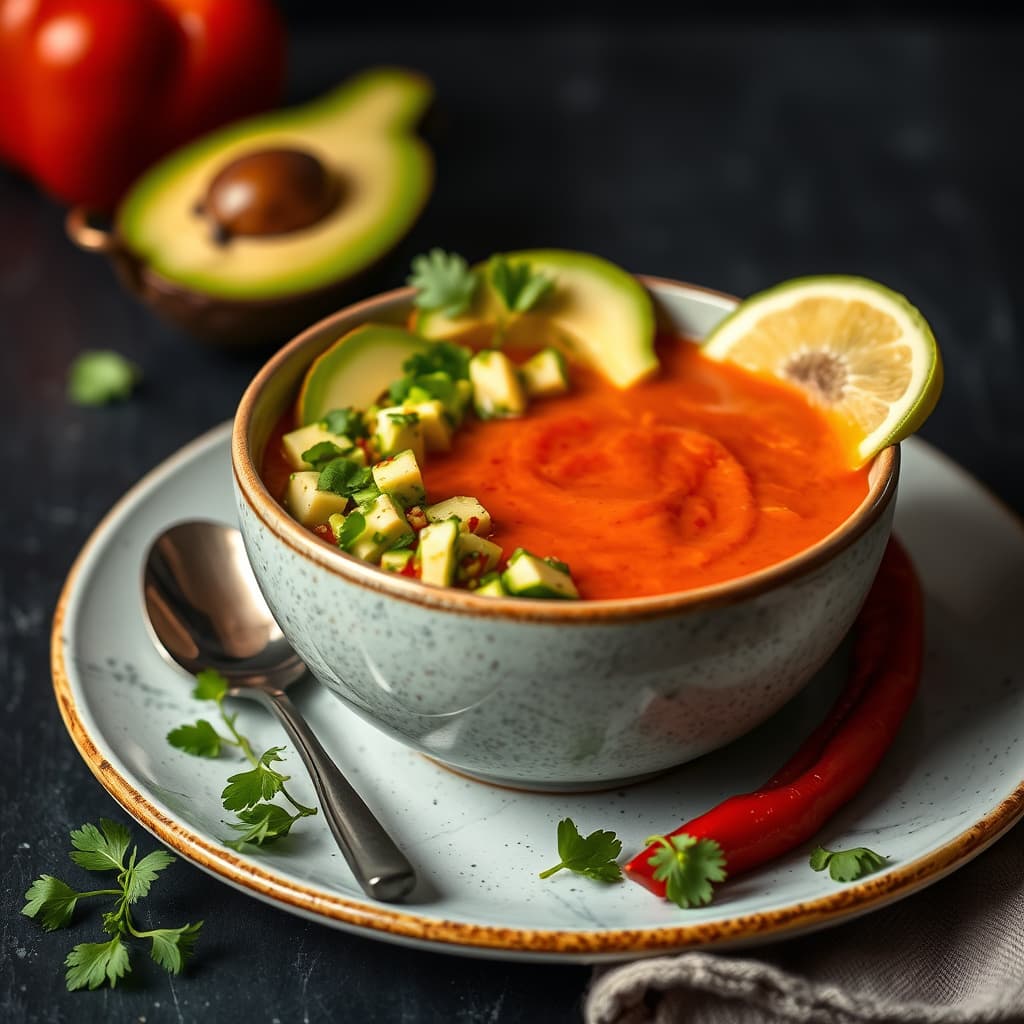 Kald, ovnsbakt rød pepper-suppe med avokado-chili salsa