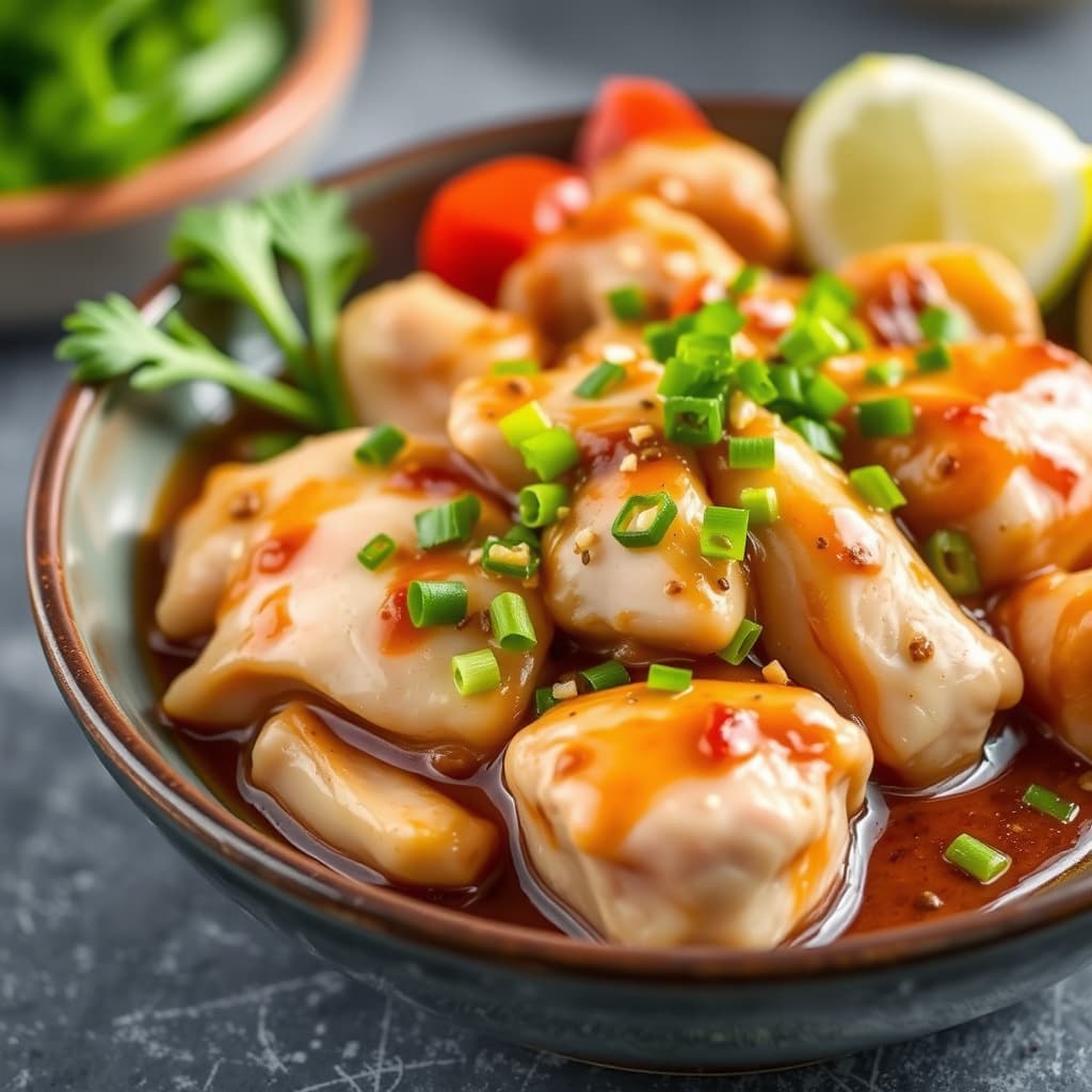 Kald, poached kylling med kinesisk hvitløksaus