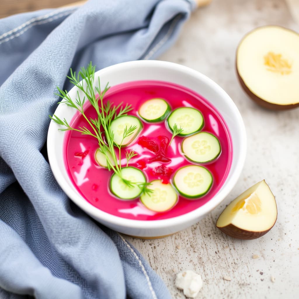 Kald rødbetsuppe med kulturmelk, agurk og dill (Chlodnik)
