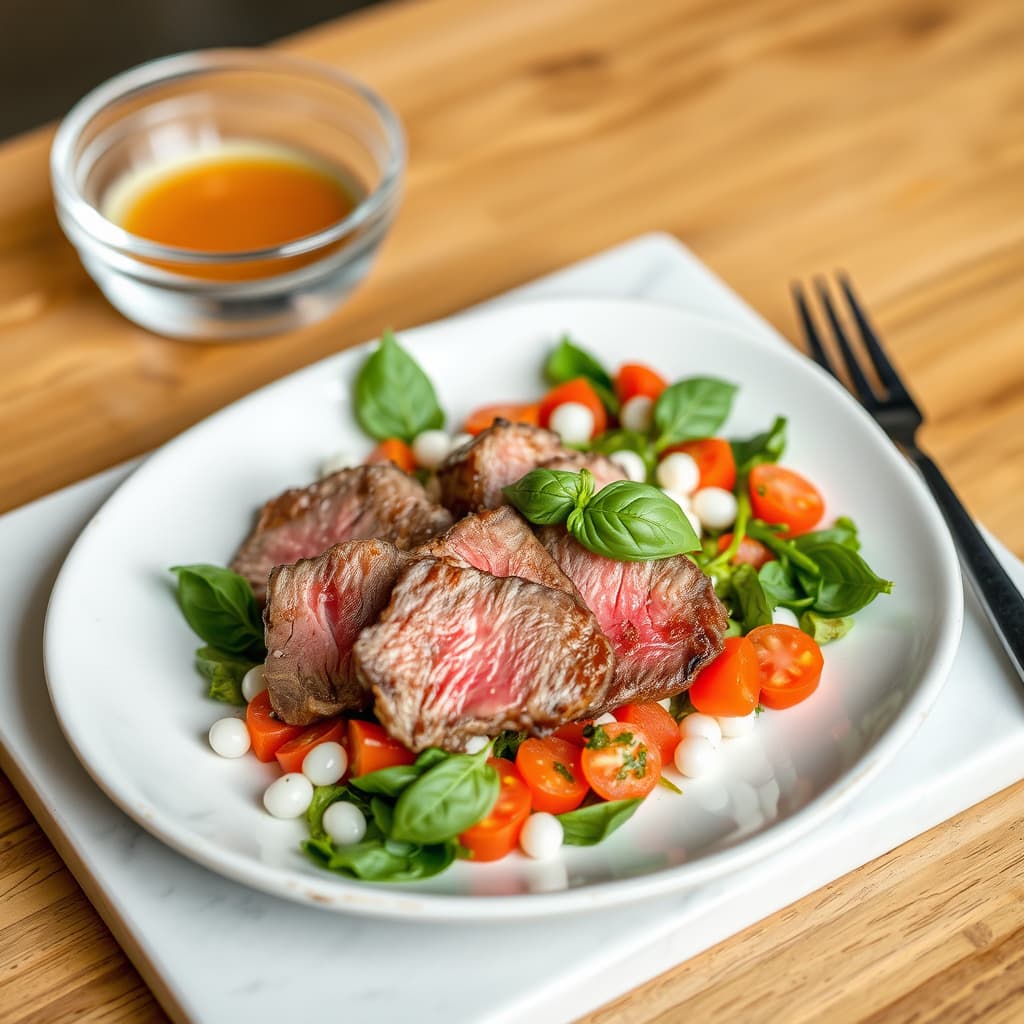Kald Wagyu Shabu Shabu, Panzanella-salat og basilikumperler