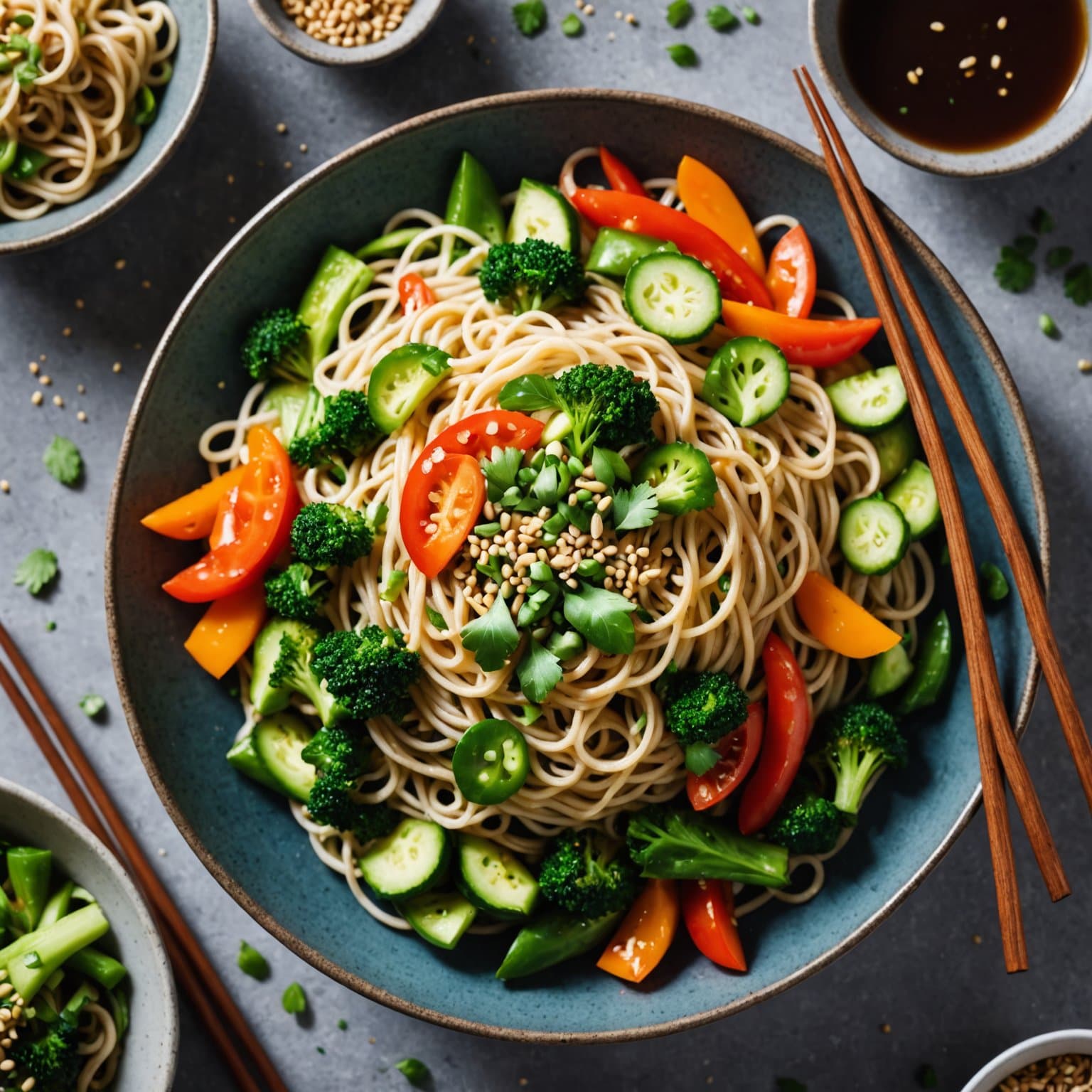 Kalde sesamnudler med sommergrønnsaker