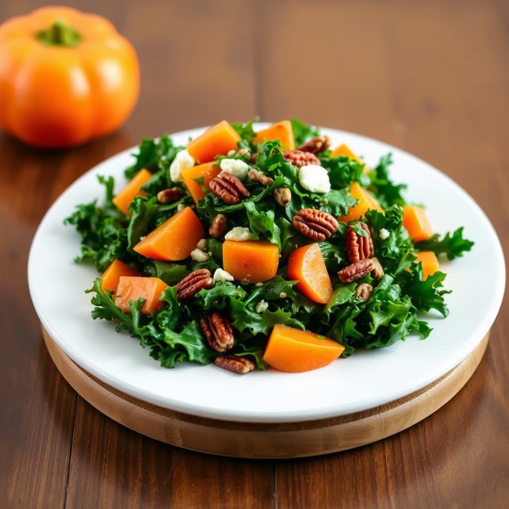 Kale- og persimonsalat med pekannøttvinaigrette