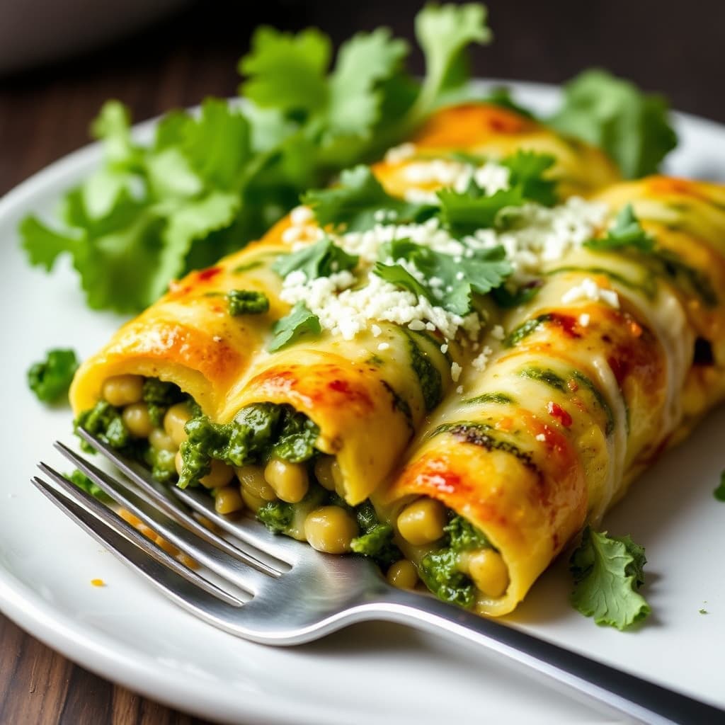 Kale- og potetenchiladas med grønne saus