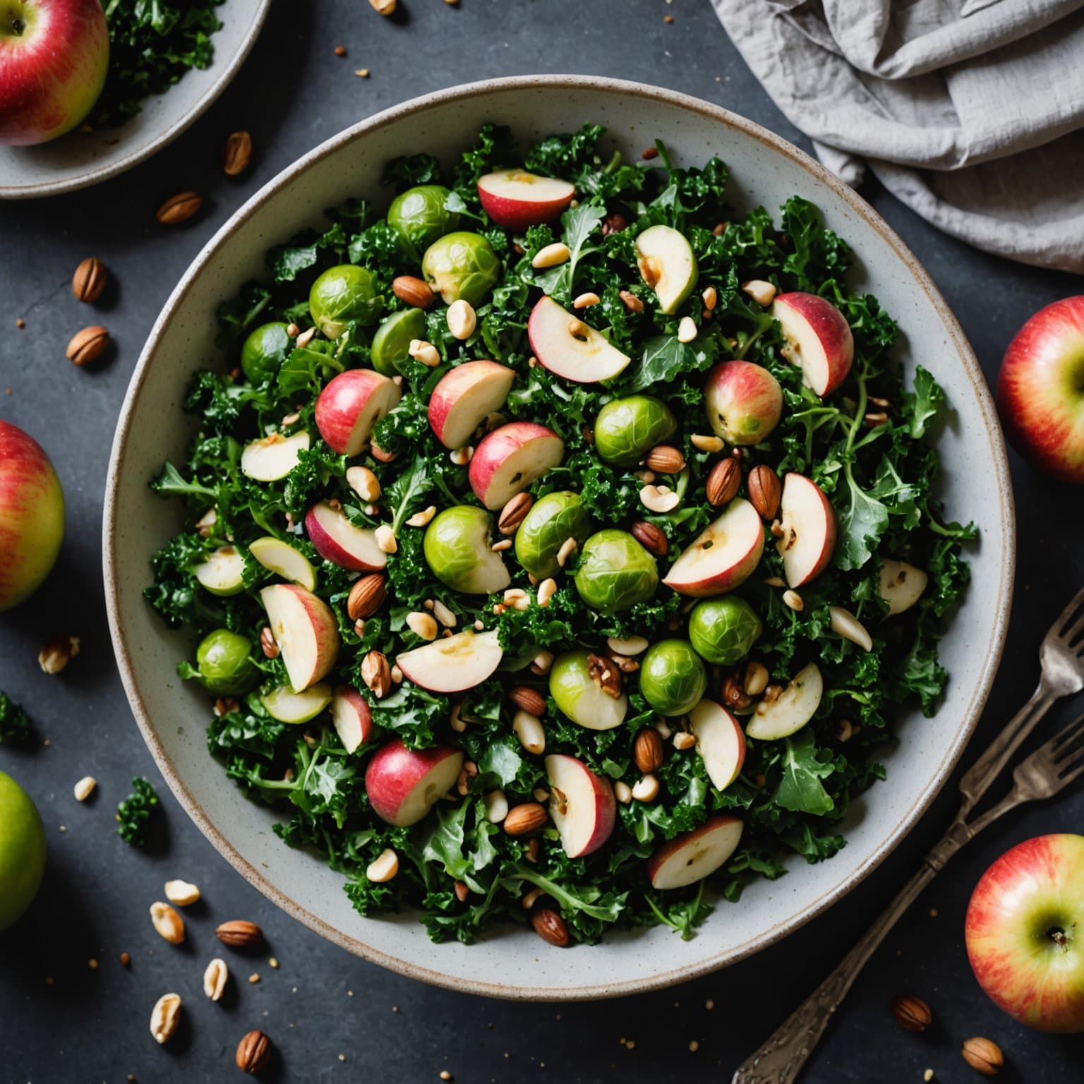 Kale-salat med rosenkål, epler og hasselnøtter
