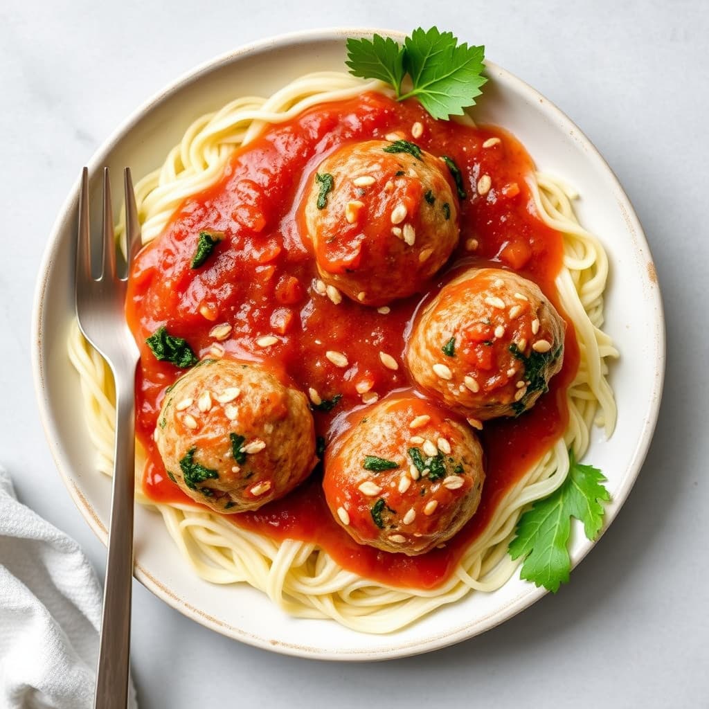 Kalkun-, grønnkål- og havrebaserte kjøttboller med rask tomatsaus