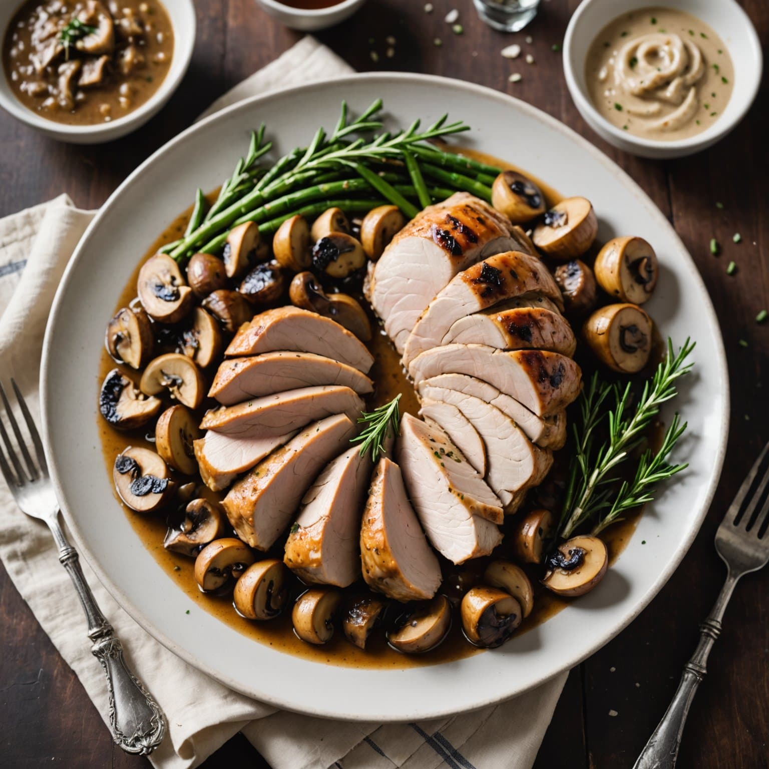 Kalkun med hvitløk og rosmarin, servert med soppsaus